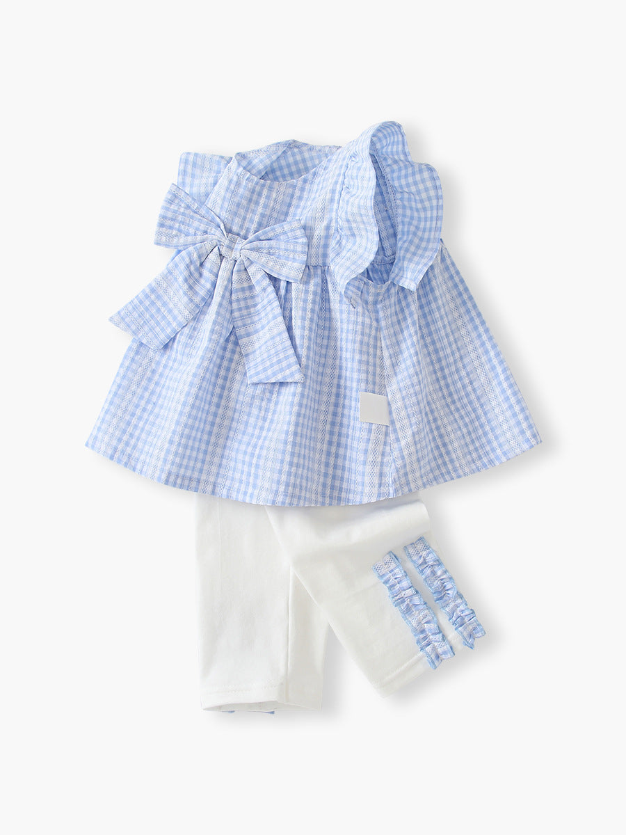 Completo Bimba Estivo  Blusa a Quadretti con Fiocco e Leggings Bianchi