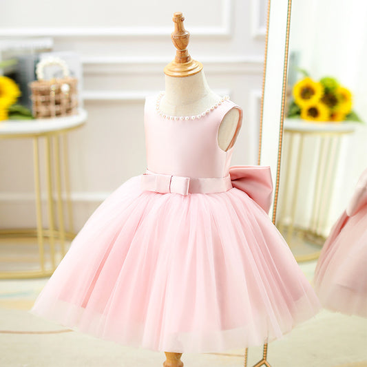 Abito da Cerimonia Bambina Rosa con Fiocco e Dettagli in Perle