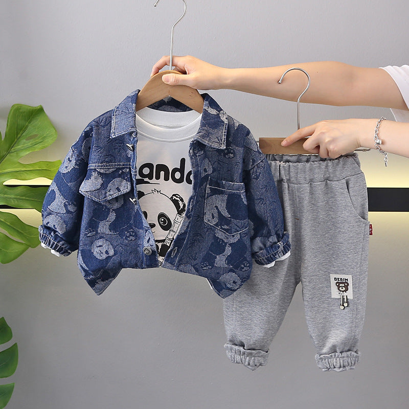 Completo bambino 3 pezzi   Giacca denim panda, T-shirt e pantaloni felpati
