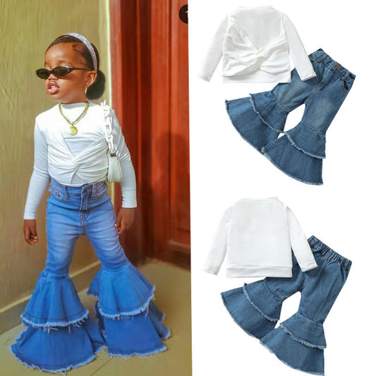 Completo Bambina Elegante - Maglia con Nodo e Pantaloni a Zampa in Denim