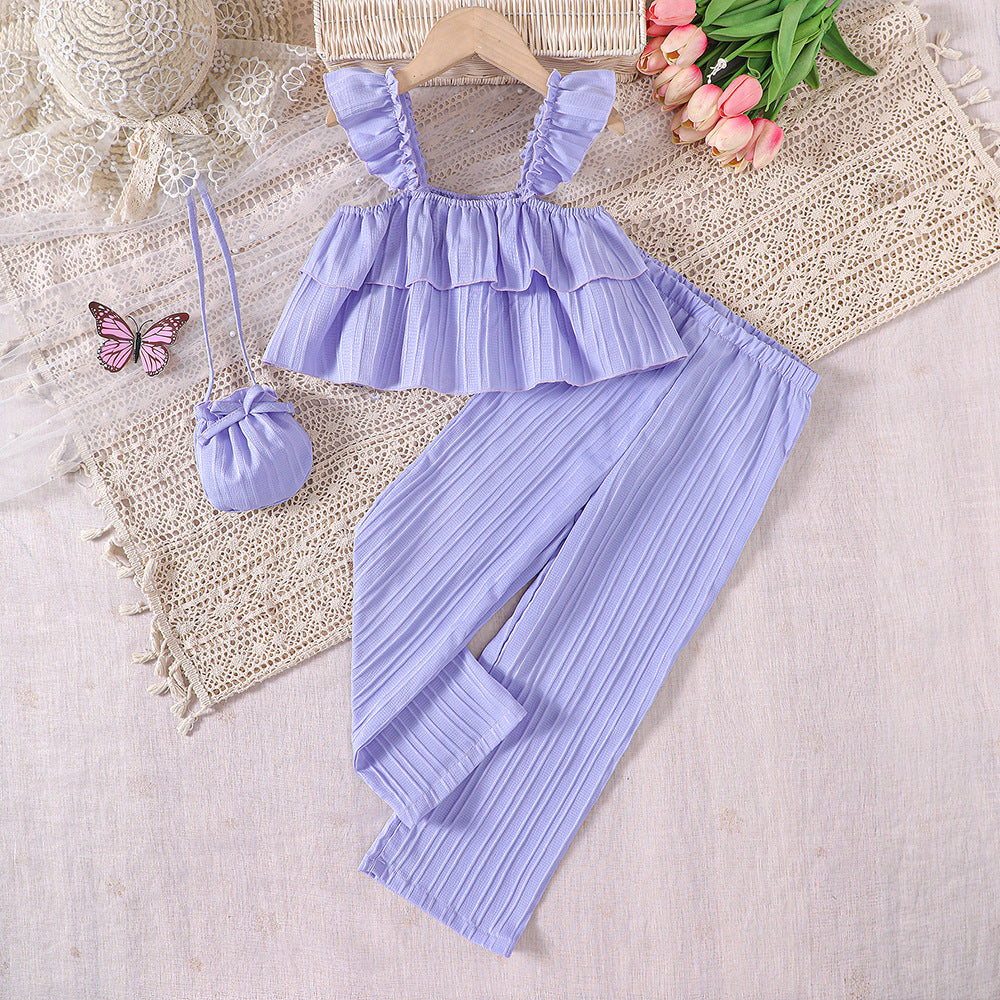 Completo  a Costine per Bambina – 2 Pezzi con Top Volant e Pantaloni Leggeri