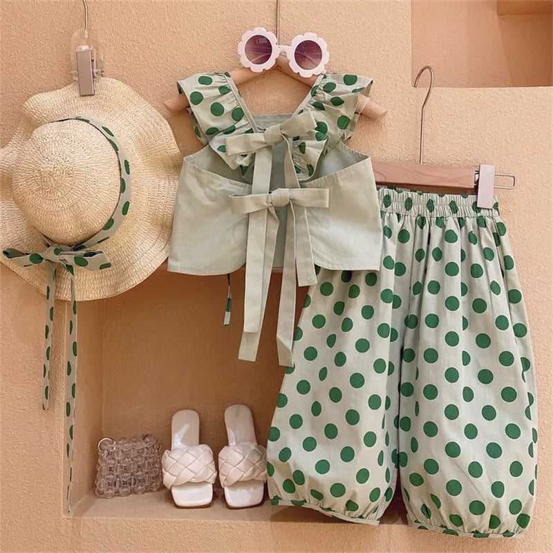 Set Estivo Bambina  Top, Pantaloni e Cappello a Pois