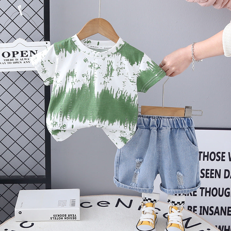 Completo Estivo Bimbo  T-shirt Tie-Dye Blu e Shorts in Denim