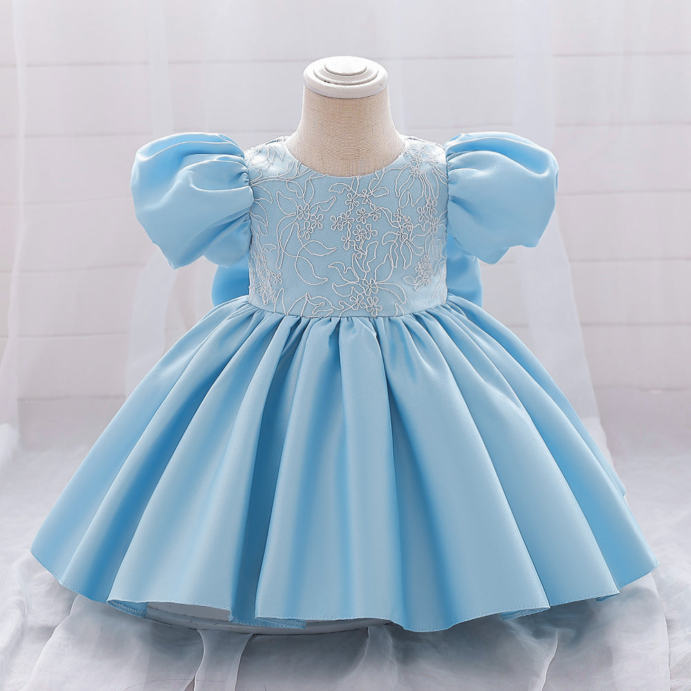 Abito Elegante Azzurro per Bambina con Maniche a Palloncino e Ricami