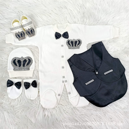Set nascita principe – Tutina, gilet, scarpine e accessori con corona