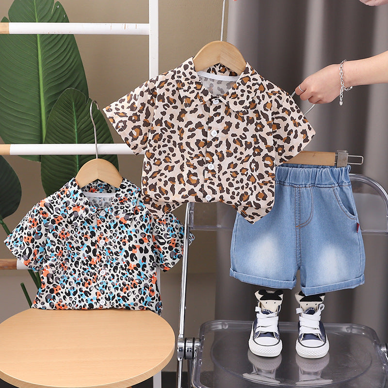 Set Bambino con Camicia Leopardata e Pantaloncini in Denim