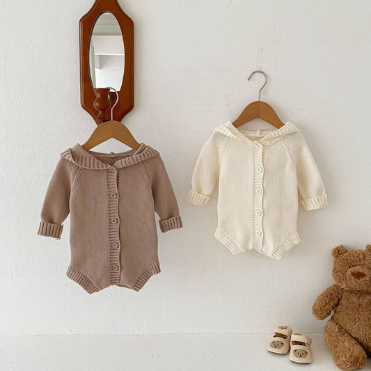 Body in maglia con cappuccio e bottoni  Beige o Crema