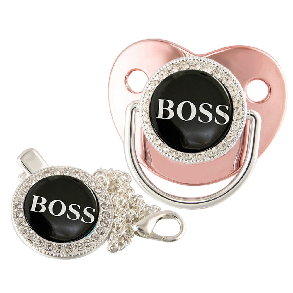 Set Ciuccio con Catenella “BOSS” – Design Elegante con Strass argento