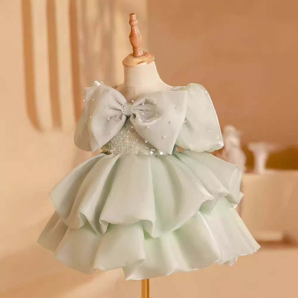 Abito Elegante Bambina in Organza con Fiocco e Paillettes – Verde Salvia