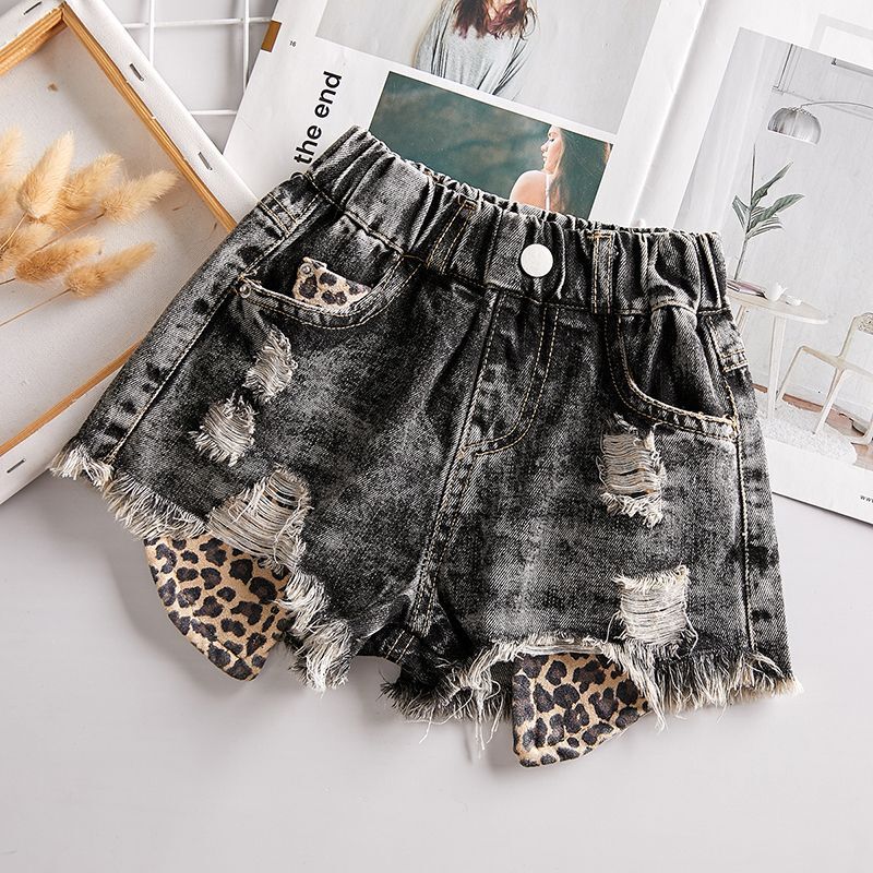 Shorts in Denim con Inserti Leopardati