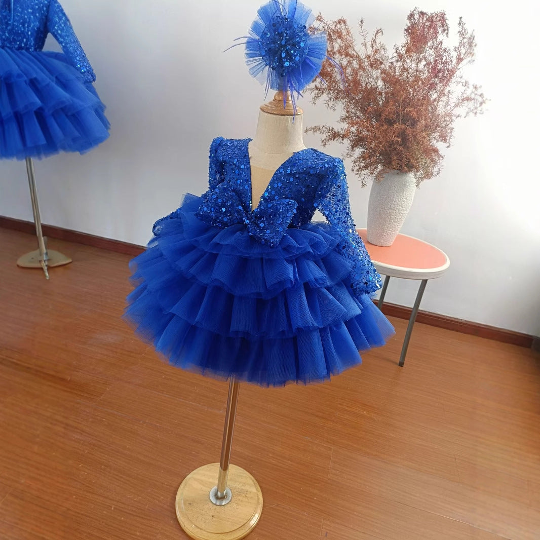 Abito Elegante Bambina Blu Royal con Paillettes, Tulle e Maxi Fiocco