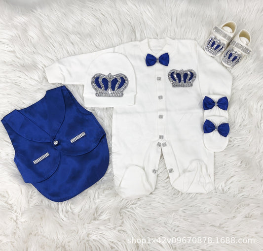 Set nascita principe – Tutina, gilet, scarpine e accessori con corona