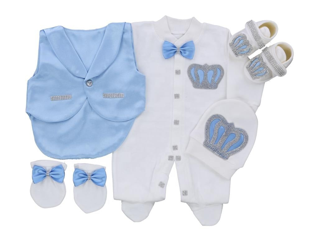 Set nascita principe – Tutina, gilet, scarpine e accessori con corona