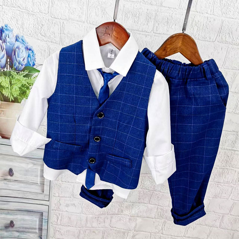 Completo Elegante Bambino 3 Pezzi con Gilet e Cravatta – Blu Quadri