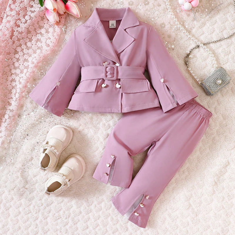 Completo Elegante Bimba "Princess Chic"  Giacca con Cintura e Pantaloni Decorati