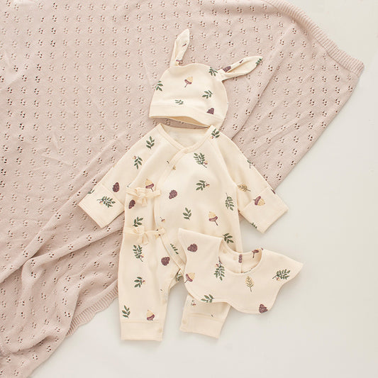 Coordinato Set Neonata/ Bimba  3 pezzi – Fantasia botanica beige