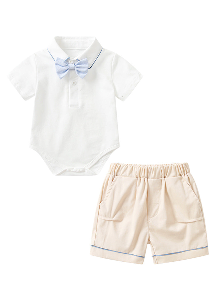 Completo Estivo elegante neonato 2 pezzi – Body camicia con papillon e pantaloncini estivi