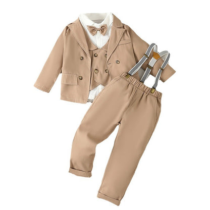 Elegante Completo per Bambini Beige con Bretelle e Papillon