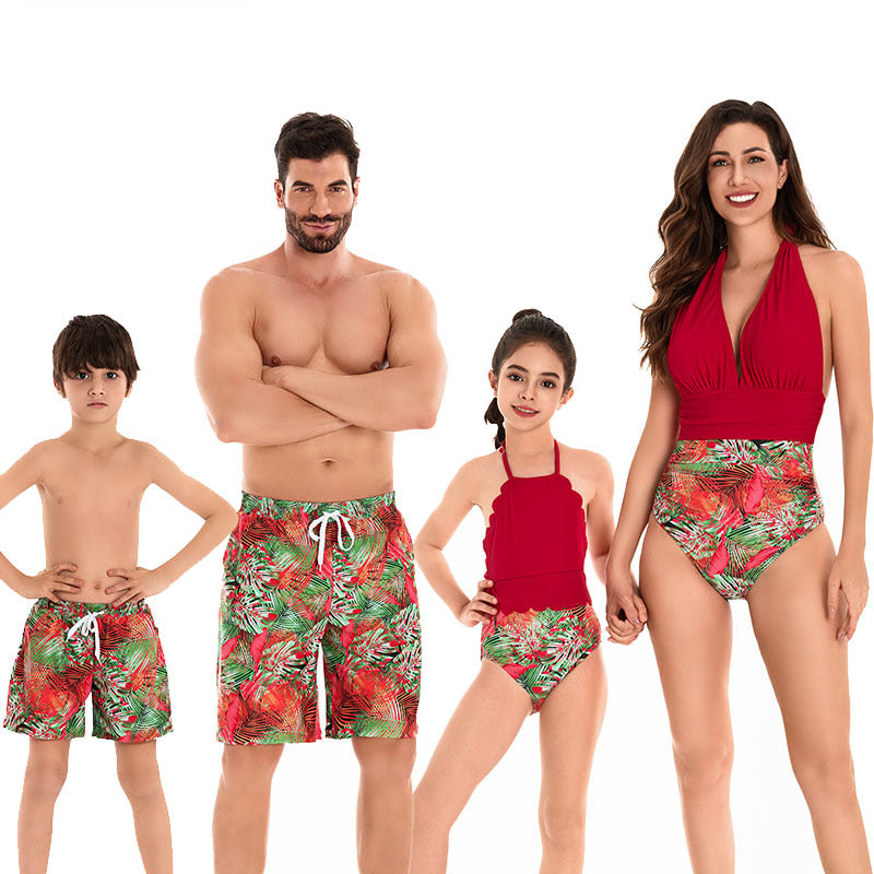 Costumi Coordinati Famiglia - Fantasia Tropicale Rosso e Verde