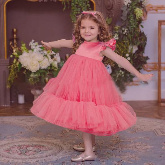 Abito Elegante da Cerimonia per Bambina  Rosa Corallo in Tulle