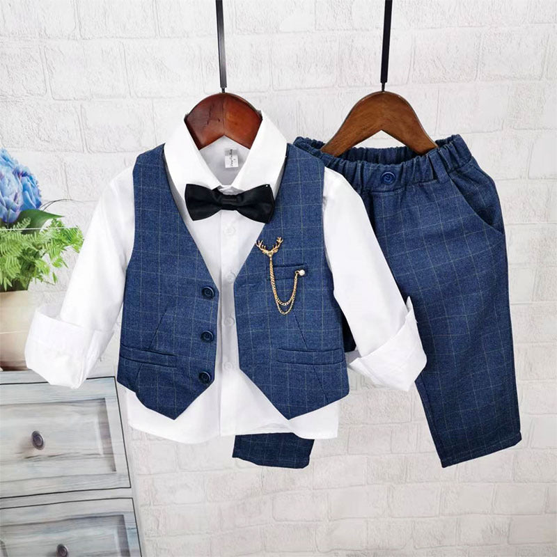 Completo Elegante Bimbo 3 Pezzi – Gilet e Pantaloni Check Blu con Papillon