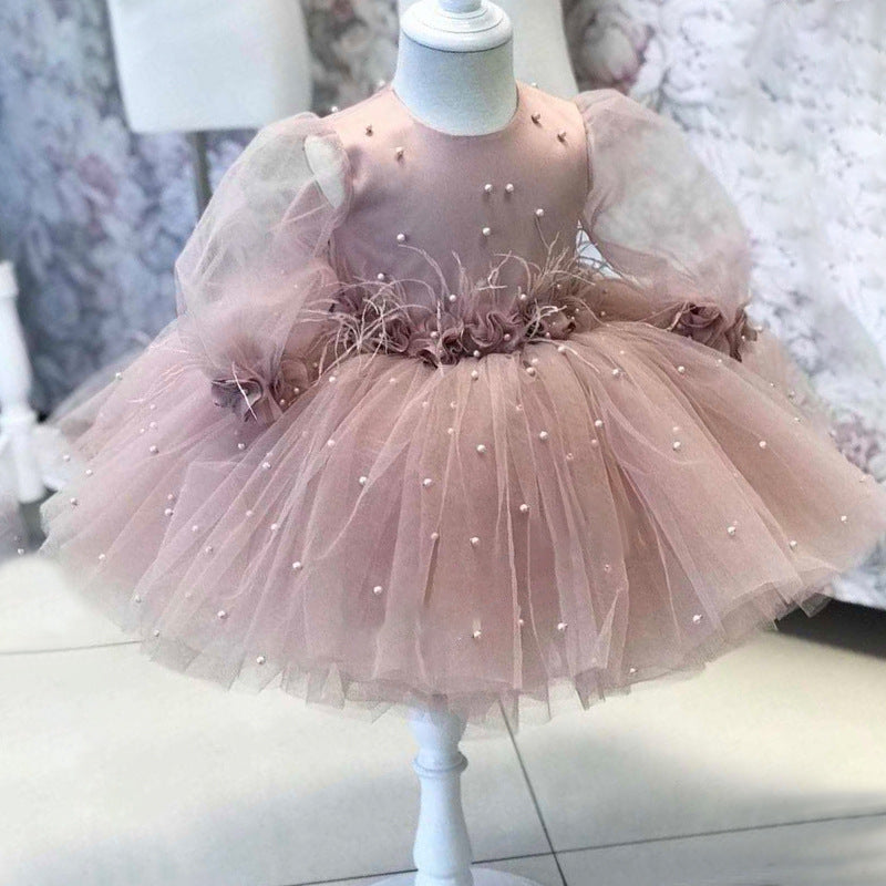 Vestito da Cerimonia bimba rosa con tulle con fiocco