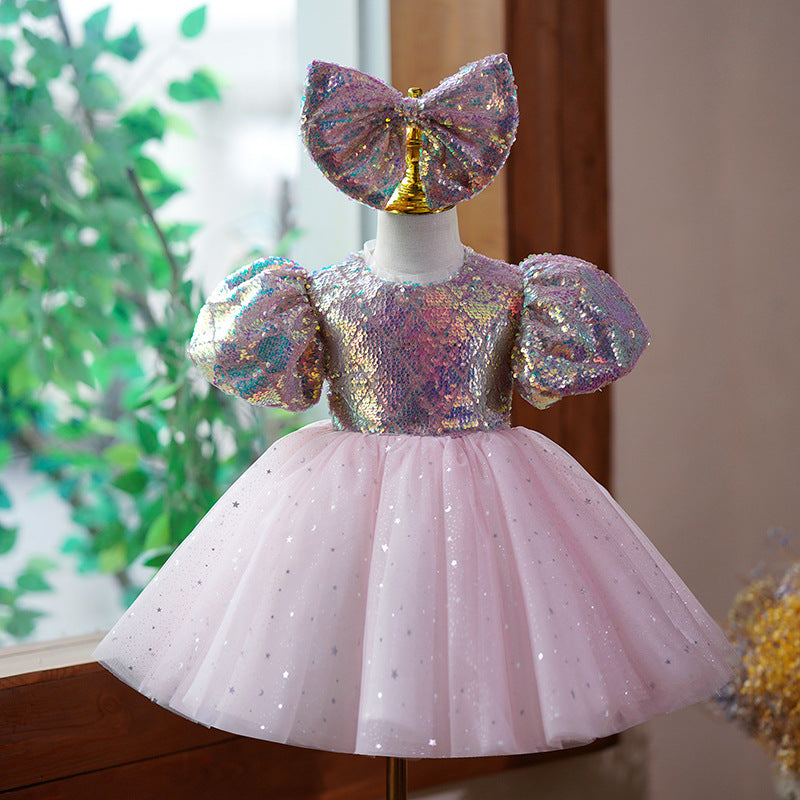 Abito da Cerimonia Bimba con Paillettes Iridescenti e Tulle Rosa