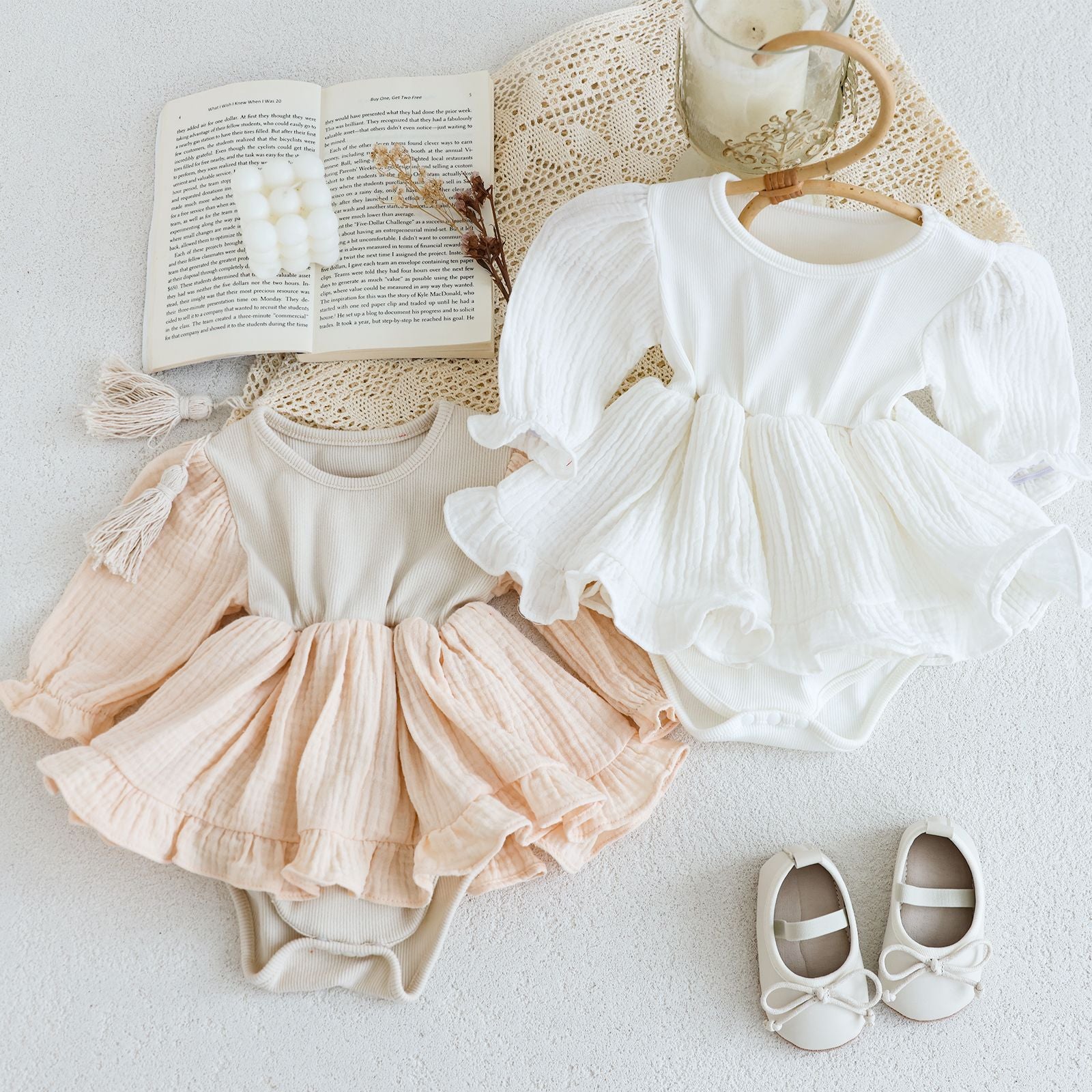 Body bimba con gonna in doppia garza e maniche a palloncino