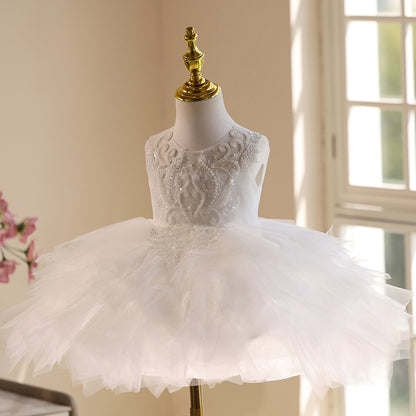 Abito da Cerimonia Bambina Bianco con Tulle e Ricami