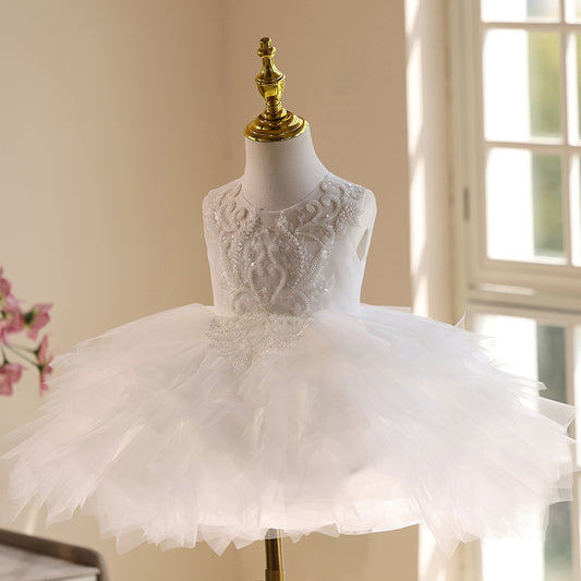 Abito da Cerimonia Bambina Bianco con Tulle e Ricami
