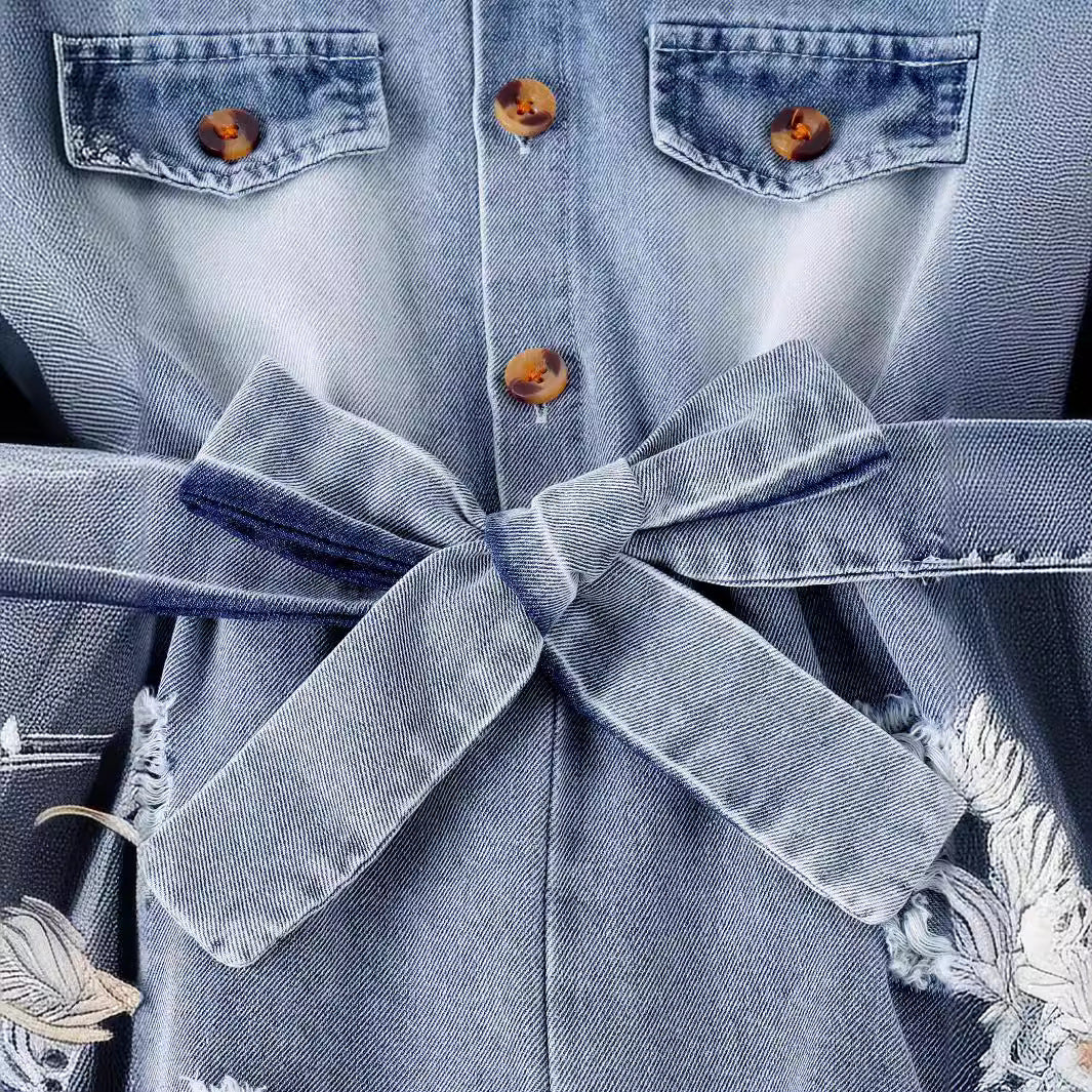 Tuta in denim vintage da bambina con cintura coordinata