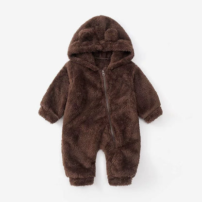 Tuta orsetto in pile con cappuccio e orecchiette – tutina invernale neonato unisex