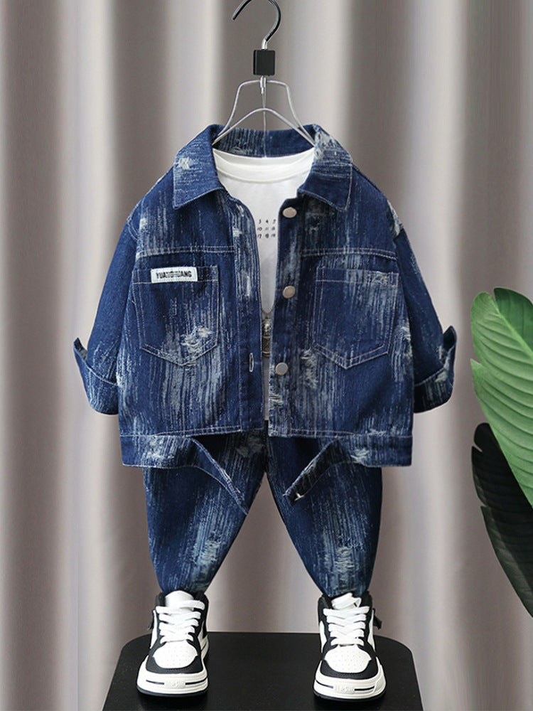 Completo Bambino in Denim Lavato  Giacca  e Jeans con Effetto Usura
