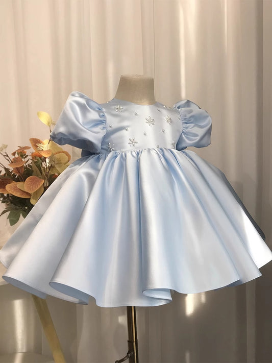 Abito Cerimonia Bambina Azzurro in Raso con Maniche a Palloncino
