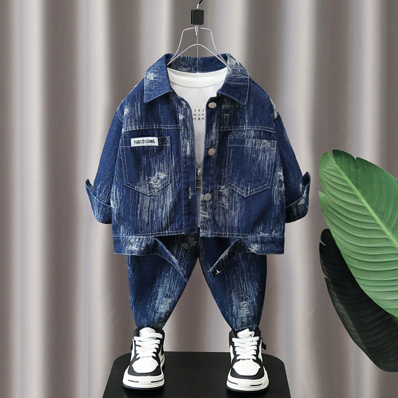 Completo bambino giacca di jeans e pantaloni effetto slavato