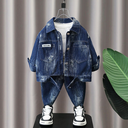 Completo bambino giacca di jeans e pantaloni effetto slavato