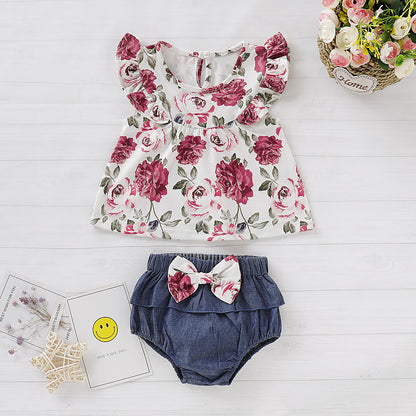 Maglietta con Rose e Culotte in Denim con Fiocco