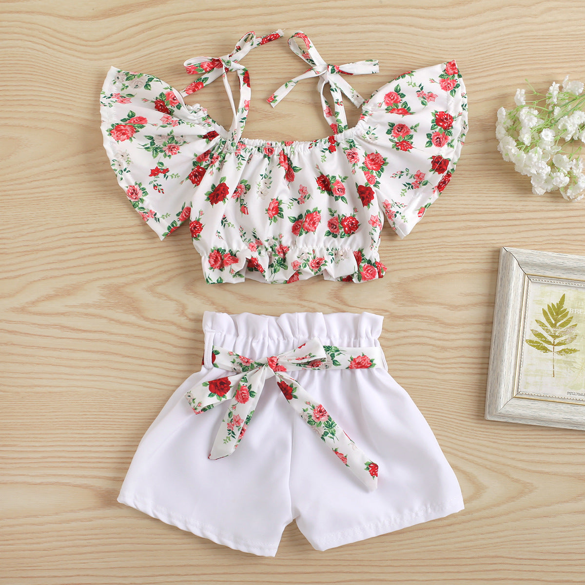 Completo Estivo Bambina con Fiori Rosso Rosa – 2 Pezzi