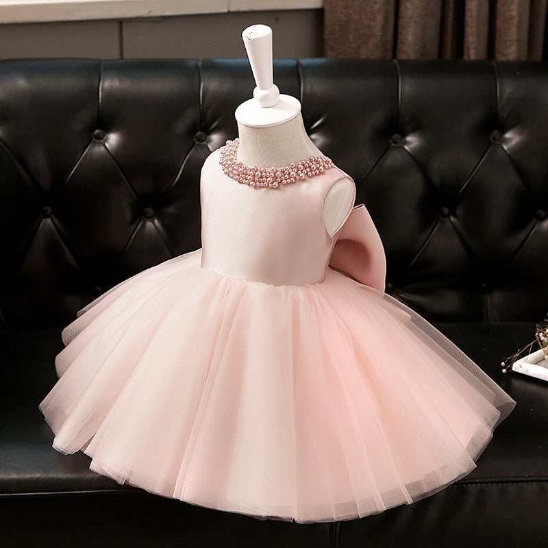Abito Elegante Bambina Rosa Cipria con Gonna in Tulle e Colletto di Perle