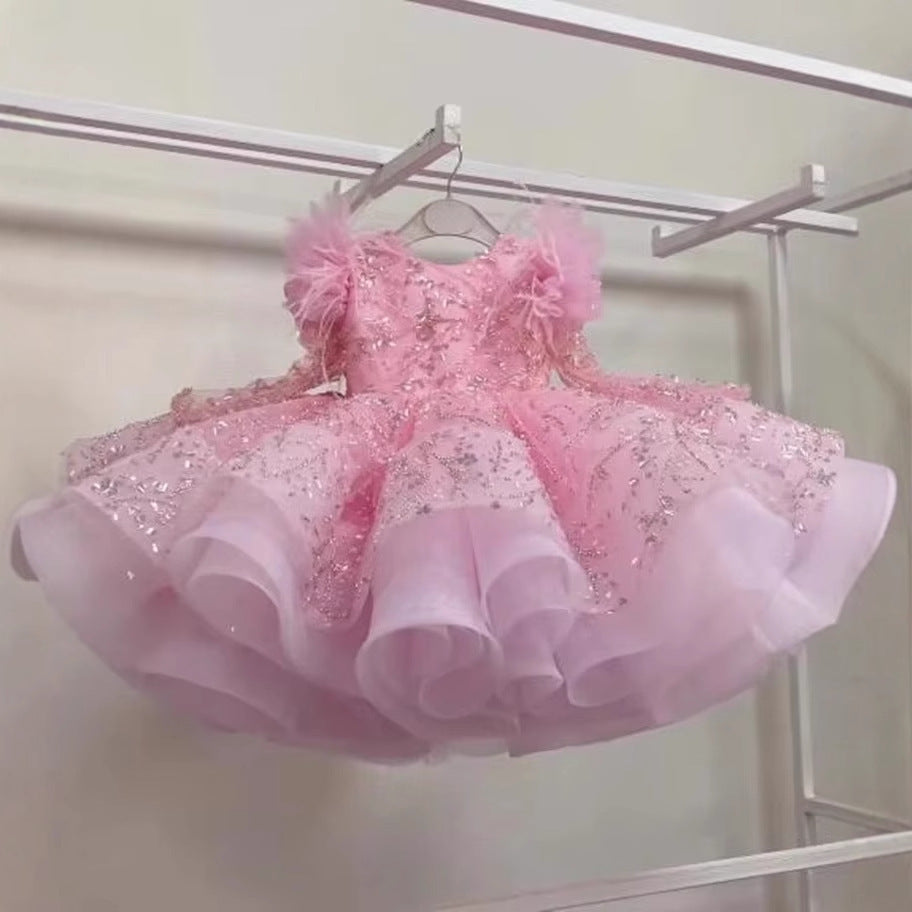 Vestito elegante bambina con piume e ricami glitter – Rosa o Lilla