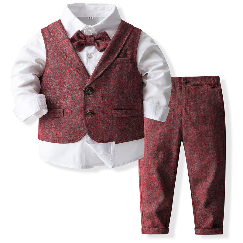 Completo 3 Pezzi Bambino  Bordeaux Tessuto Effetto Lino con Papillon