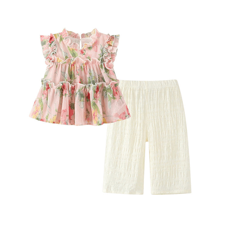 Completo Estivo Bimba  Blusa Floreale con Volant e Pantaloni Leggeri
