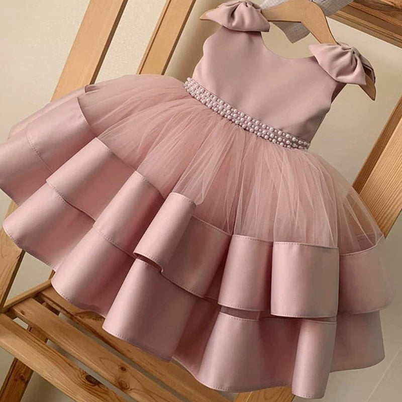 Abito Cerimonia Bambina in Tulle con Fiocchi e Perline