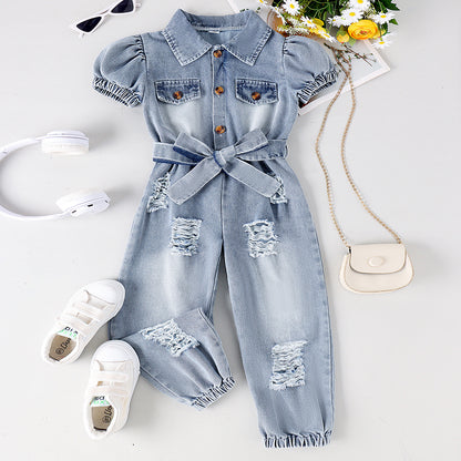 Tuta in denim vintage da bambina con cintura coordinata