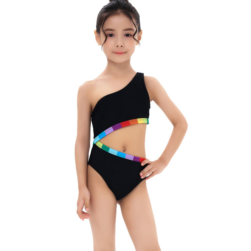 Costume intero bambina monospalla - Nero con dettagli arcobaleno