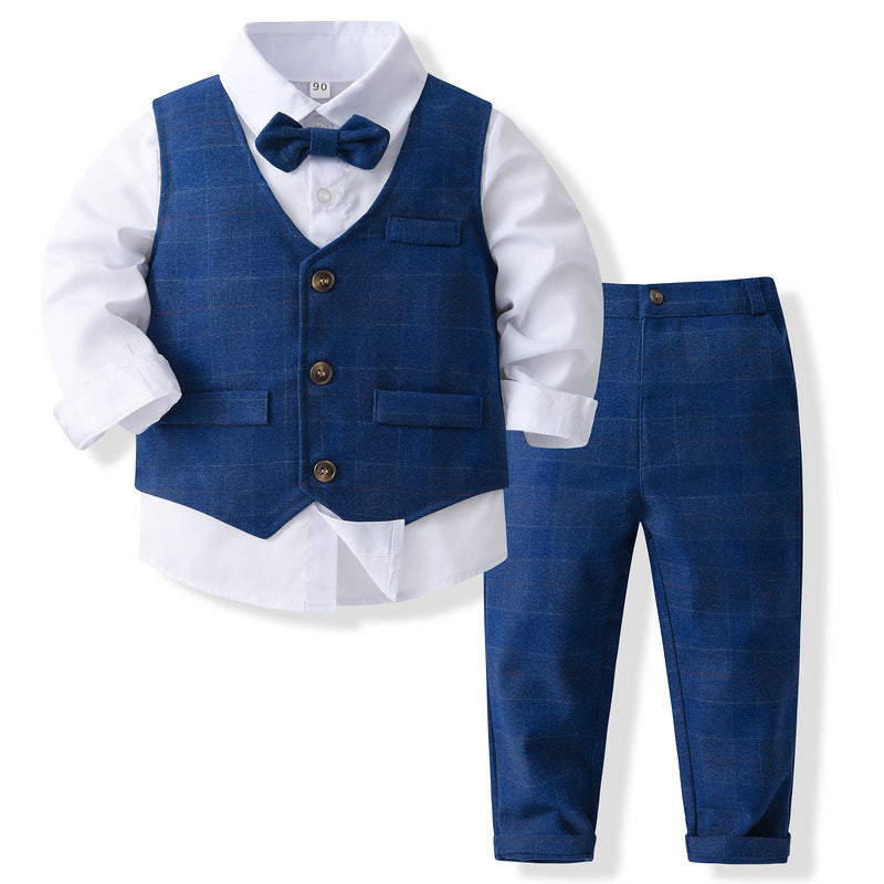 Completo Elegante Bambino 3 Pezzi  Gilet e Pantalone Quadrettato Rosso con Camicia e Papillon (Copia)