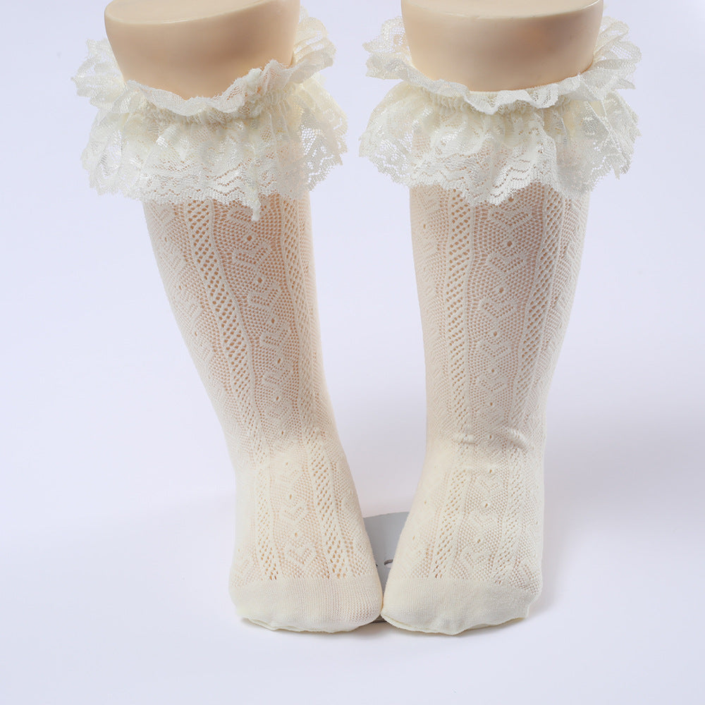 Calze traforate bambina al ginocchio con bordo in pizzo – vari colori