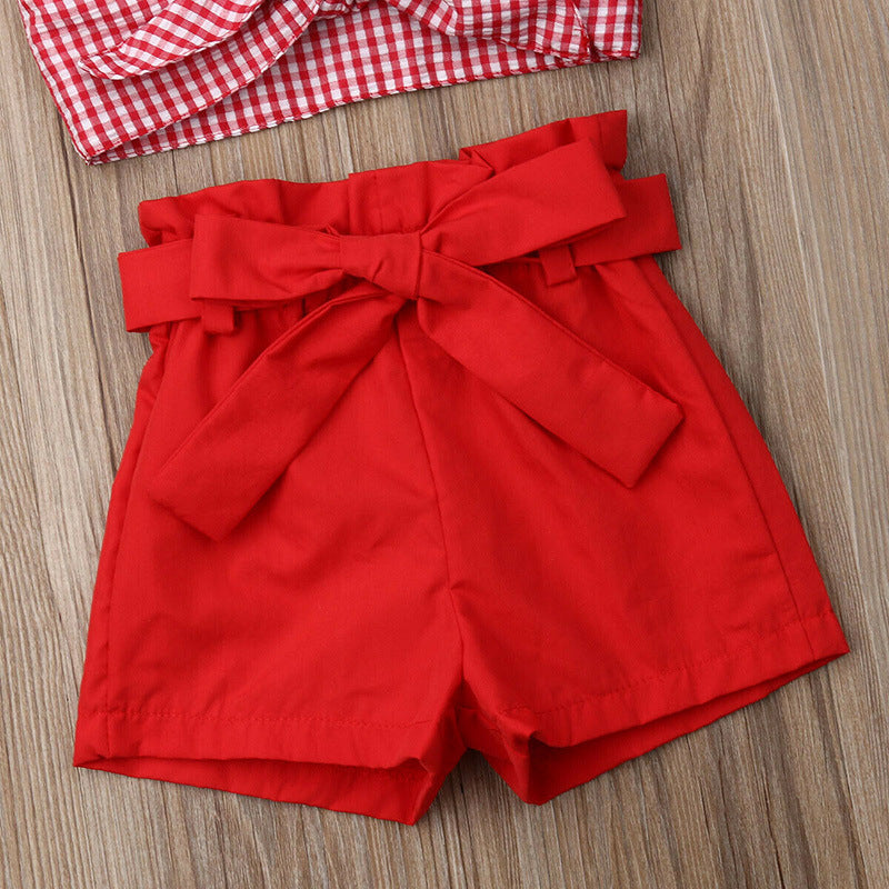 Completo estivo bambina rosso con top a quadretti e shorts con fiocco