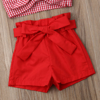 Completo estivo bambina rosso con top a quadretti e shorts con fiocco