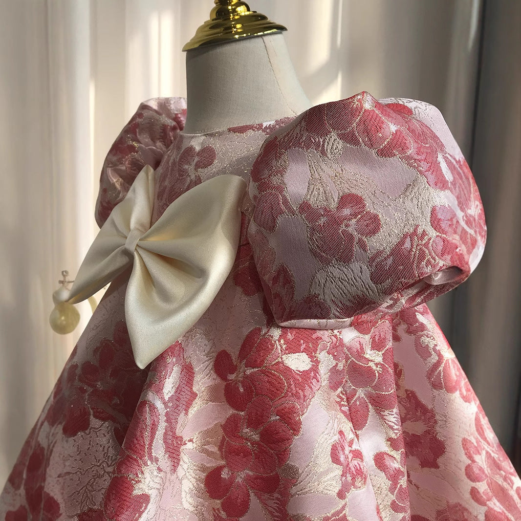 Abito da Cerimonia Jacquard Floreale con Fiocco